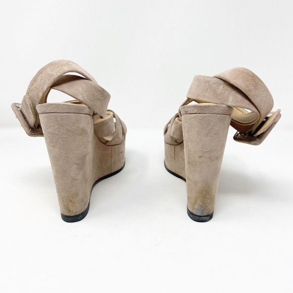 Sergio Rossi Elettra Tan Suede Studded Buckle Wedge Sandals Sz 38 (8) - Picture 5 of 9